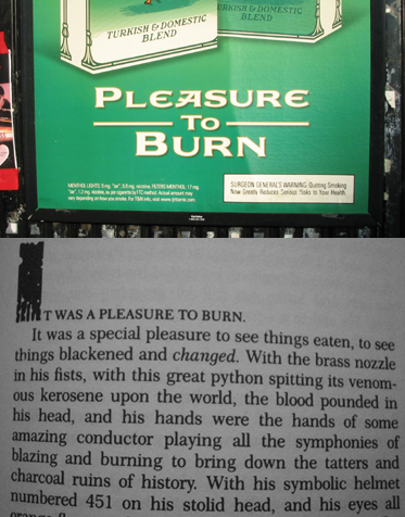 Camel Menthol ad on top, and the opening paragraph of<br>Fahrenheit 451 on the bottom